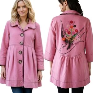 NWT Ivy Jane Floral Embroidered Large Button Cotton Pleated Coat